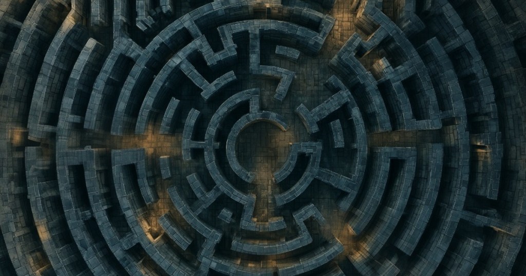 A vast circular stone labyrinth seen from directly above, rings of winding walls leading to a round chamber at its center.