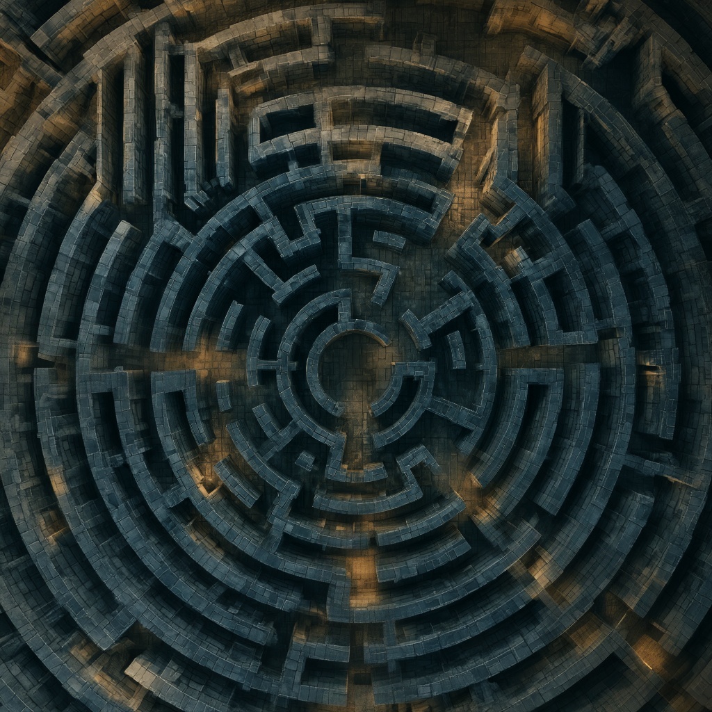 A vast circular stone labyrinth seen from directly above, rings of winding walls leading to a round chamber at its center.