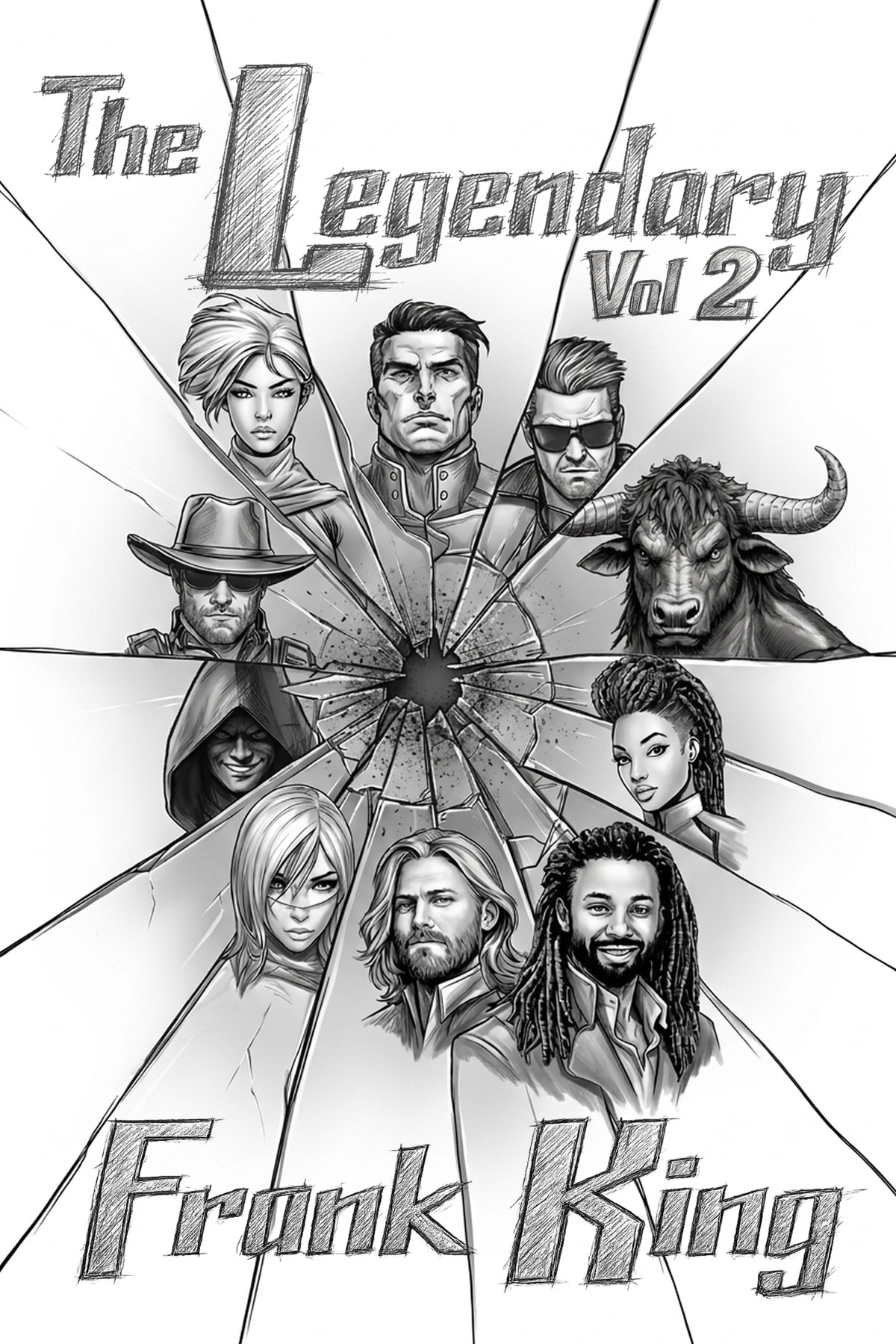 The cover of The Legendary Volume 2 by Frank King: ten character faces arranged around a bullet hole in shattered glass, General Freedom at the top.