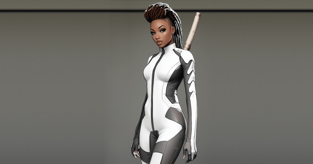 Loxy Brown in a white and gray bodysuit, a sword hilt over her shoulder, her locs swept up.