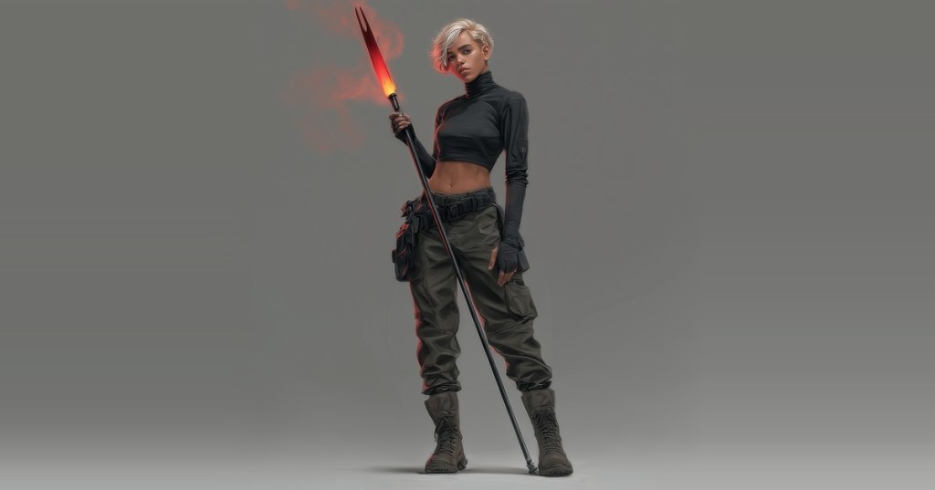 The Vegan Marauder: a woman with short platinum hair in a black crop turtleneck, cargo pants and combat boots, holding a long spear with a glowing red two-pronged blade.